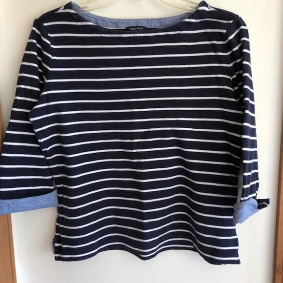 NAUTICA Three-Quarter Sleeve Blue White Stripe Top with Cuffs Me… - Picture 7 of 15
